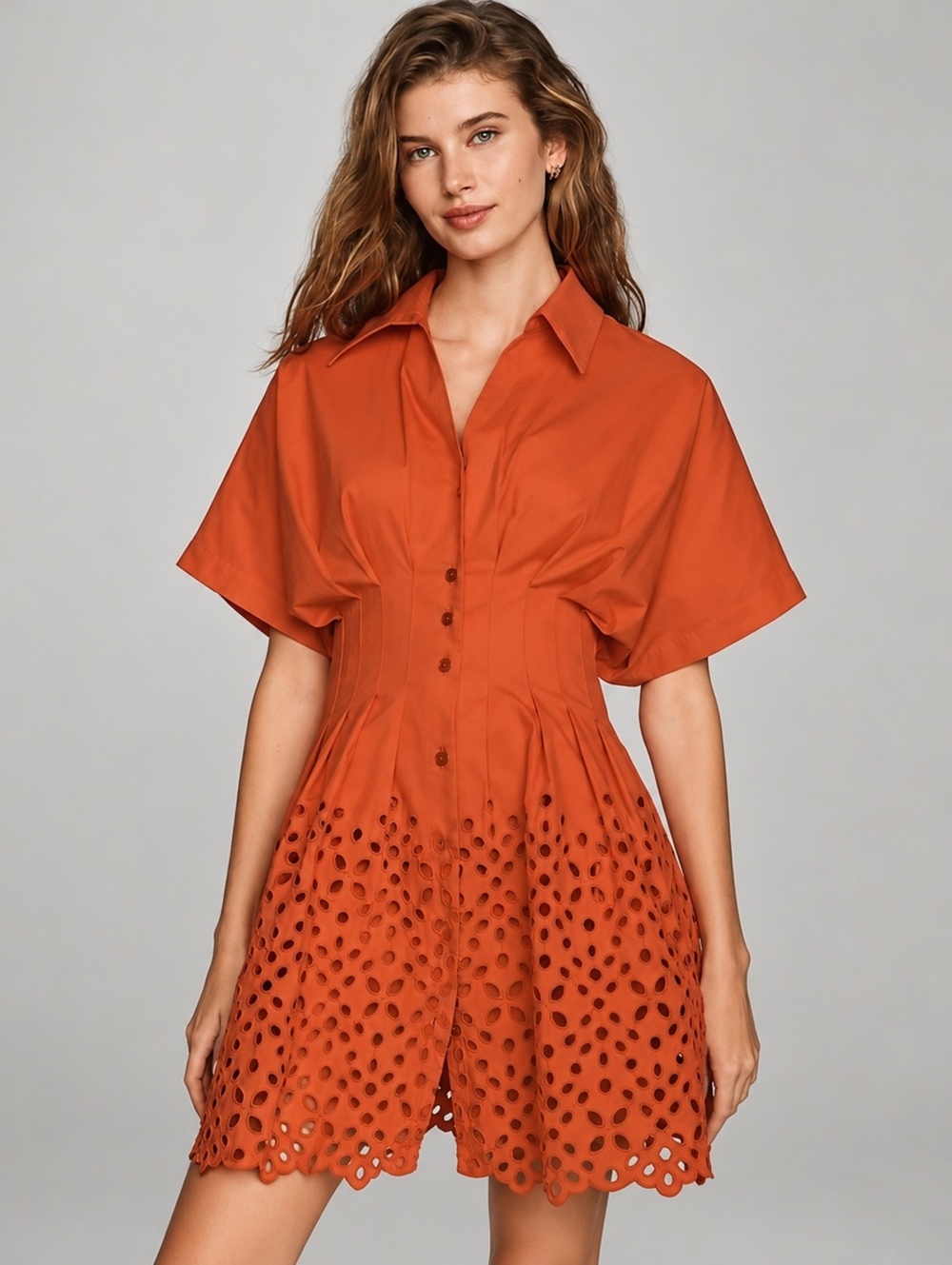 Exquise Tobie Eyelet Mini Shirt Dress Cherry Tomato Orange Puff Sleeve XS